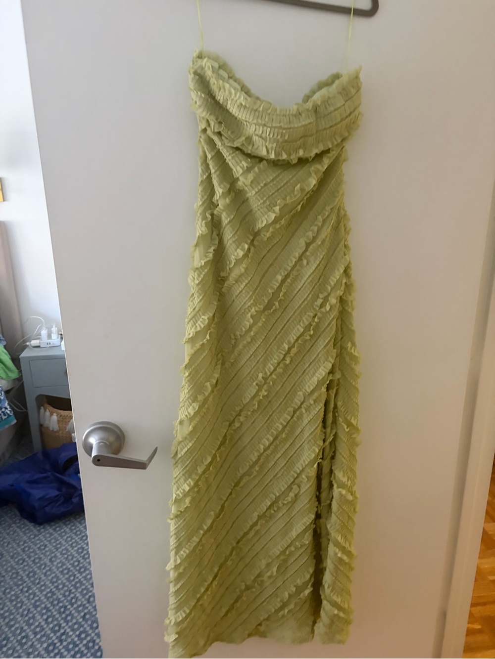 Endless Rose Strapless Ruffle-Trim Maxi Dress in Sage